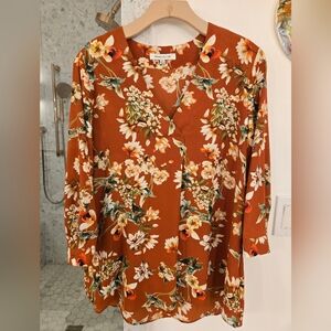 Rose + Olive, XL, Burnt Orange Floral Blouse